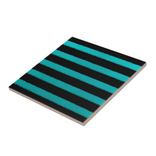 Coastal Beach Turquoise Wave Stripes On Black   Tile