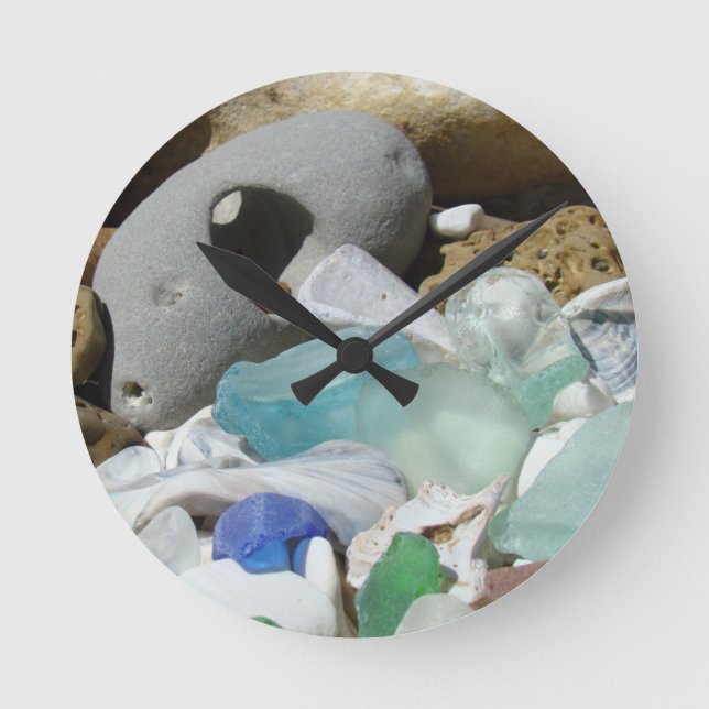 Coastal Beach Wall Clocks Blue Sea Glass Seaglass (Front)