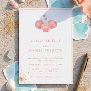 Coastal Beach Watercolor Pink Shells Wedding Invitation