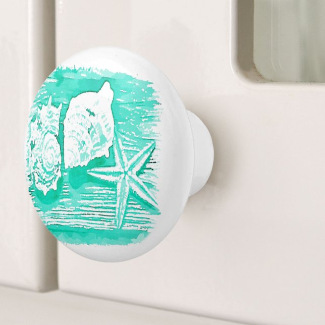 coastal beach watercolor teal seashell starfish ceramic knob (coastal beach watercolor teal seashell starfish ceramic knob)
