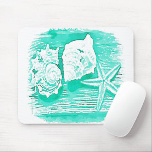 coastal beach watercolor teal seashell starfish mouse mat