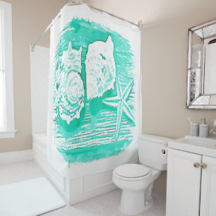 coastal beach watercolor teal seashell starfish shower curtain
