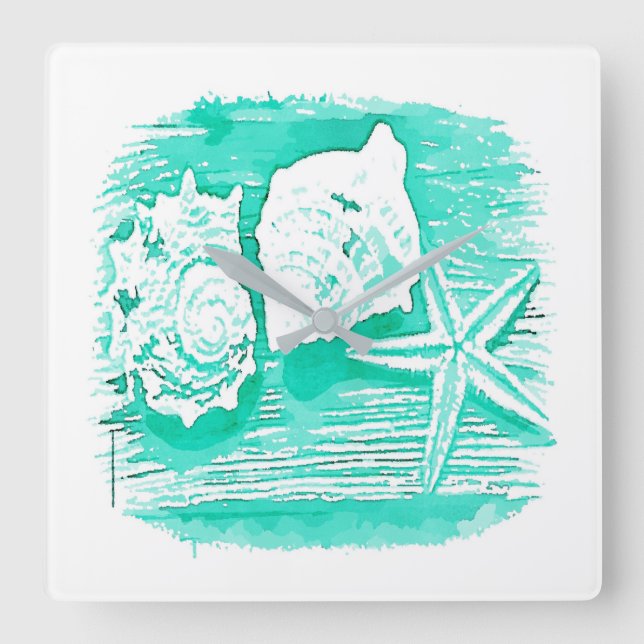 coastal beach watercolor teal seashell starfish square wall clock (Front)