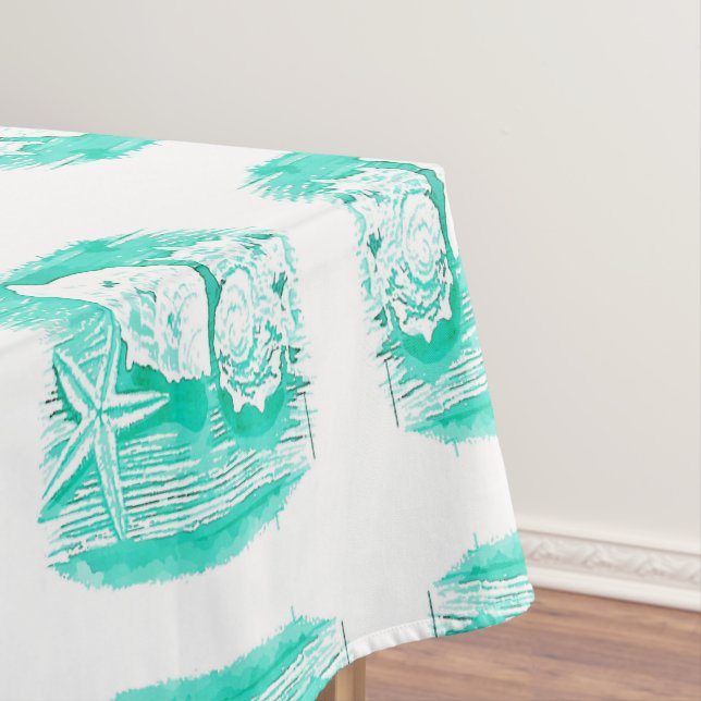 coastal beach watercolor teal seashell starfish tablecloth (In Situ)