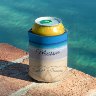Coastal Beach Wedding Hearts in Sand Custom Name  Can Cooler