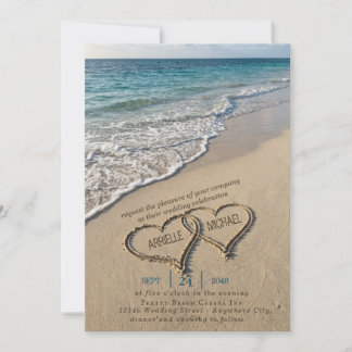 Coastal Beach Wedding Invite Heart in Sand