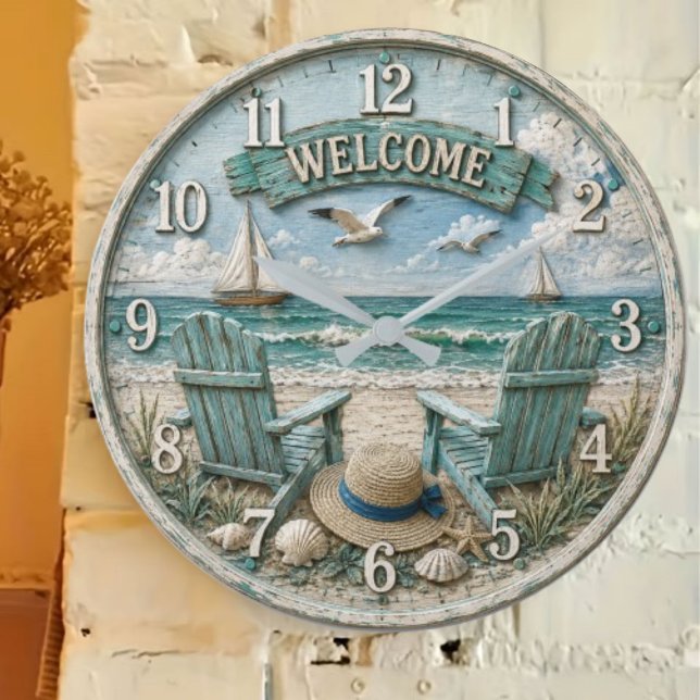 Coastal Beach Welcome Nautical Ocean Decor  Large Clock (Creator Uploaded)