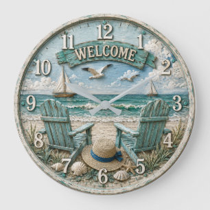 Coastal Beach Welcome Nautical Ocean Decor Large Clock
