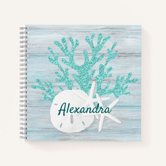 Coastal Beach Wood Starfish Sand Dollar Customised Notebook (Front)