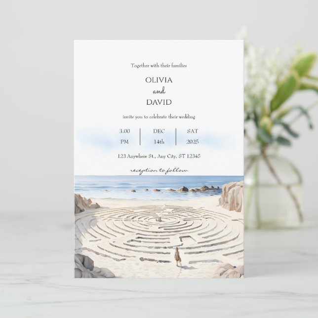 Coastal Beachside Labyrinth By The Ocean Wedding Invitation (Standing Front)