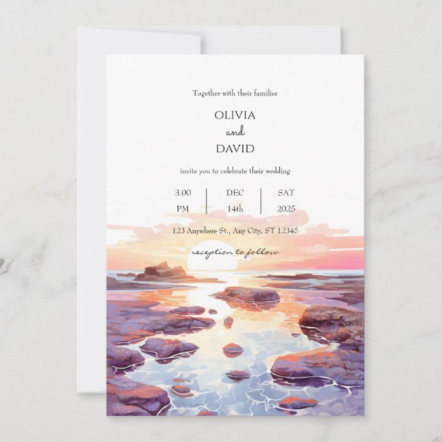  Coastal Beachside Sunset Tide Pools Wedding Invitation (Front)