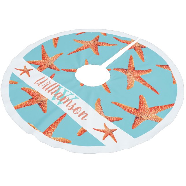 Coastal Beachy Red Starfish Cyan Blue Family Name Brushed Polyester Tree Skirt (Angled)