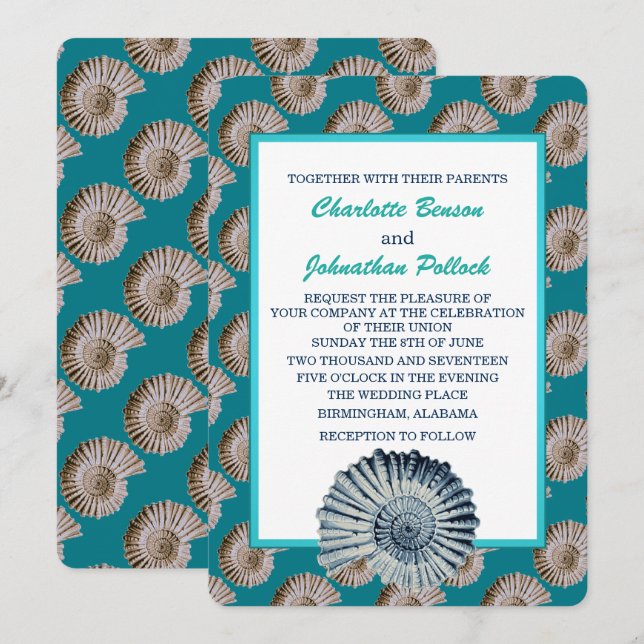 Coastal Beige & Blue Seashells Wedding Invitation (Front/Back)