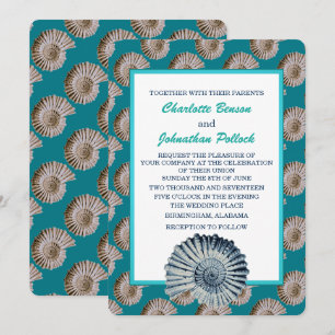 Coastal Beige & Blue Seashells Wedding Invitation
