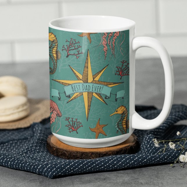Coastal Best Dad Ever Father's Day Underwater Teal Coffee Mug (Best Dad Ever Nautical Teal Mug for Father's Day. Ocean Underwater Seahorse, Jellyfish, Starfish)