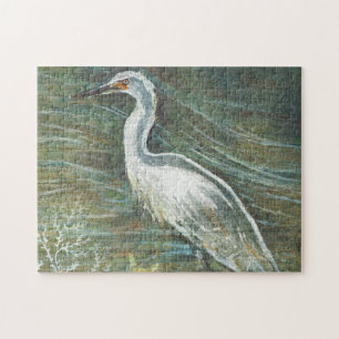Coastal Bird Egret Wading In Water Art Jigsaw Puzzle
