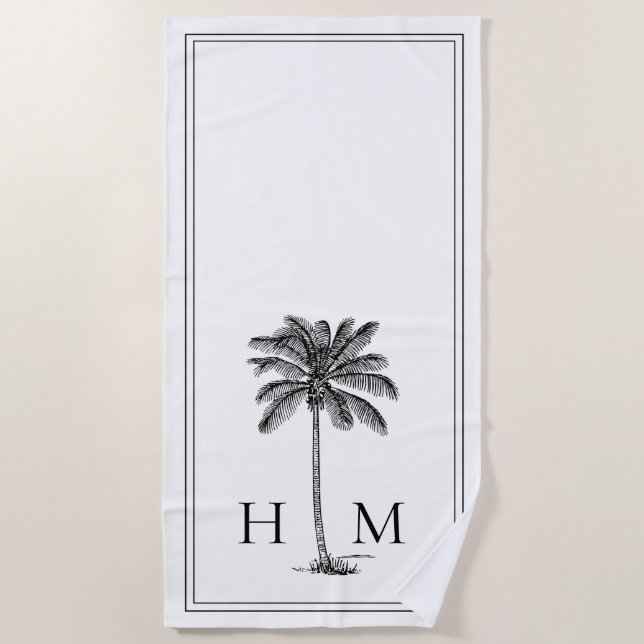 Coastal Black and White Palmetto Palm Monogram Beach Towel (Front)