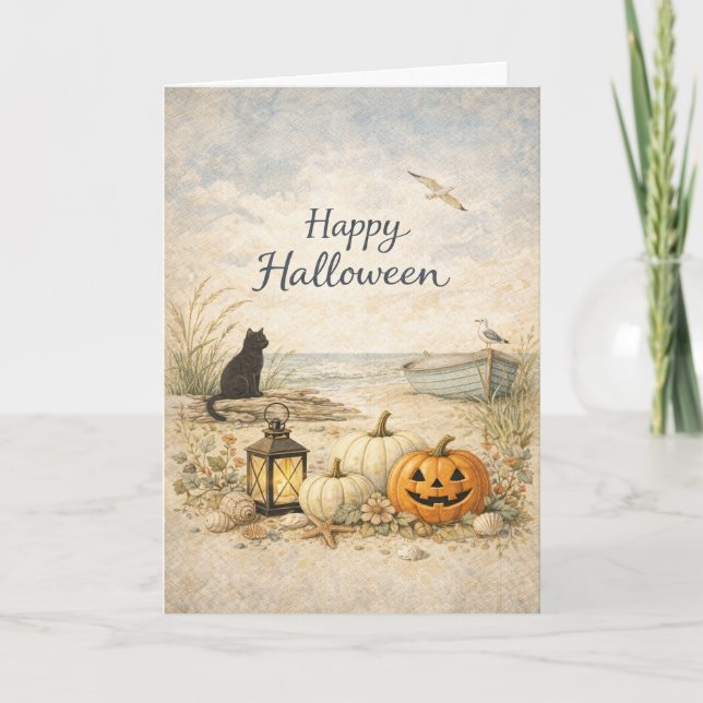 Coastal Black Cat Rowboat Halloween Card (Front)