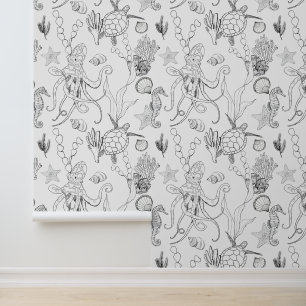 Coastal Black & White LIne Art Sea Life Pattern Wallpaper