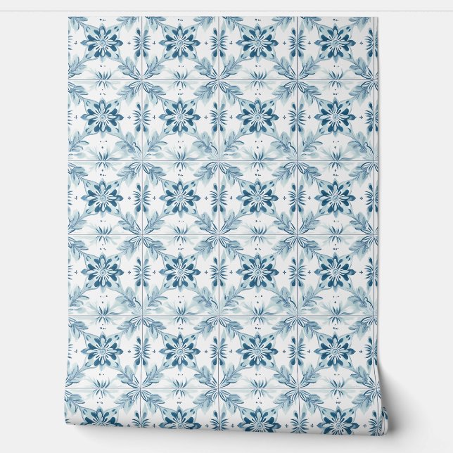 Coastal Blossom Tiles Petite - Soft Teal, White Wallpaper (Unrolling)