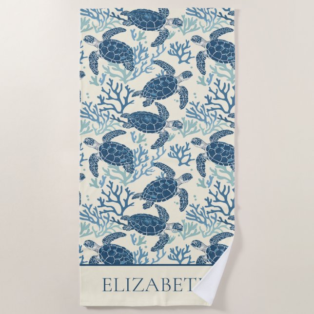 Coastal Blue and Cream Sea Turtles Personalised Beach Towel (Front)
