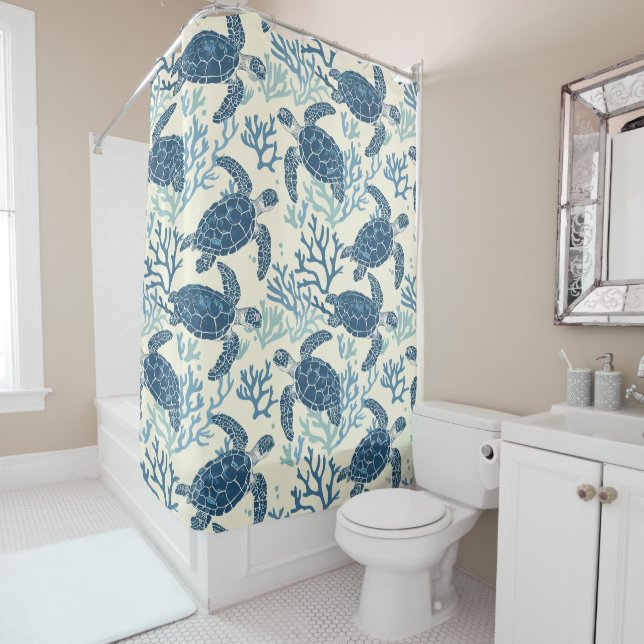 Coastal Blue and Cream Sea Turtles Personalised Shower Curtain (In Situ)