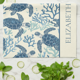 Coastal Blue and Cream Sea Turtles Personalised Tea Towel