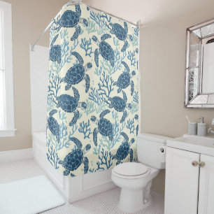 Coastal Blue and Cream Sea Turtles Personalized Shower Curtain