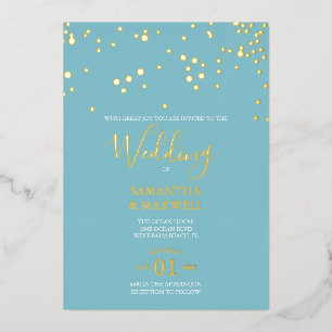 Coastal Blue and Gold Wedding Foil Invitation