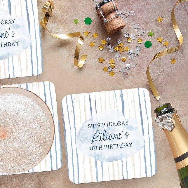 Coastal Blue and Sand Striped Personalised Square Paper Coaster (Sip Sip Hooray Coasters from my Floral Number Birthday Party Collection)