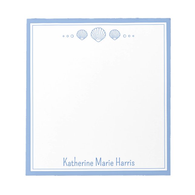 Coastal Blue and Scallop Seashells Personalised Notepad (Front)