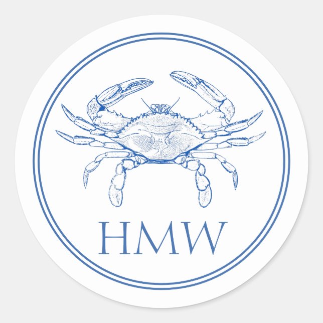 Coastal Blue and White Crab Monogram Classic Round Sticker (Front)