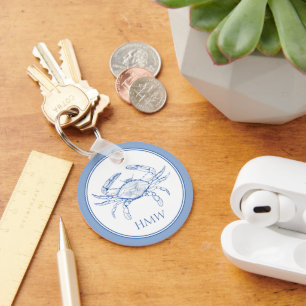 Coastal Blue and White Crab Monogram Key Ring