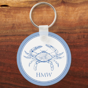 Coastal Blue and White Crab Monogram Key Ring