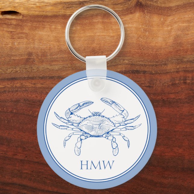 Coastal Blue and White Crab Monogram Key Ring (Front)