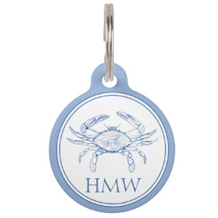 Coastal Blue and White Crab Monogram Pet Tag