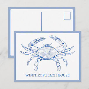 Coastal Blue and White Crab Personalised Postcard
