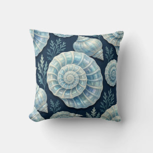 Coastal Blue and White Opal Seashells Cushion