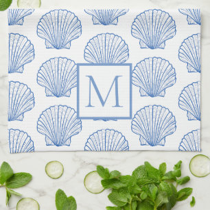 Coastal Blue and White Scallop Seashell Monogram Tea Towel