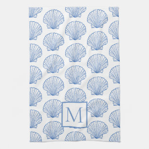 Coastal Blue and White Scallop Seashell Monogram Tea Towel