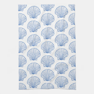 Coastal Blue and White Scallop Seashell Tea Towel