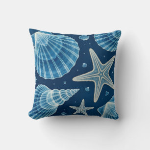 Coastal Blue and White Seashells and Starfish Cushion
