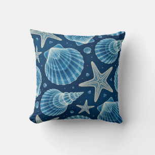 Coastal Blue and White Seashells and Starfish Cushion