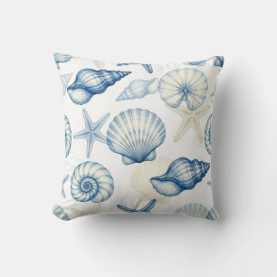 Coastal Blue and White Seashells and Starfish Cushion