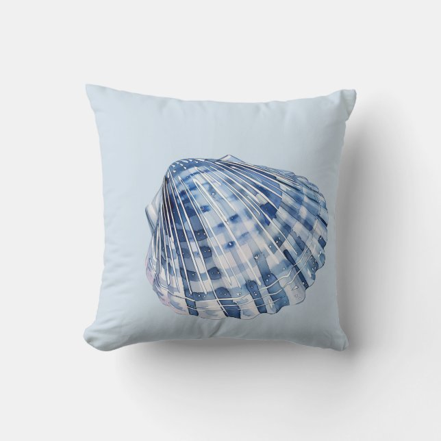 Coastal Blue and White Seashells Cushion (Front)