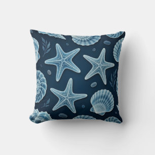 Coastal Blue and White Seashells Cushion