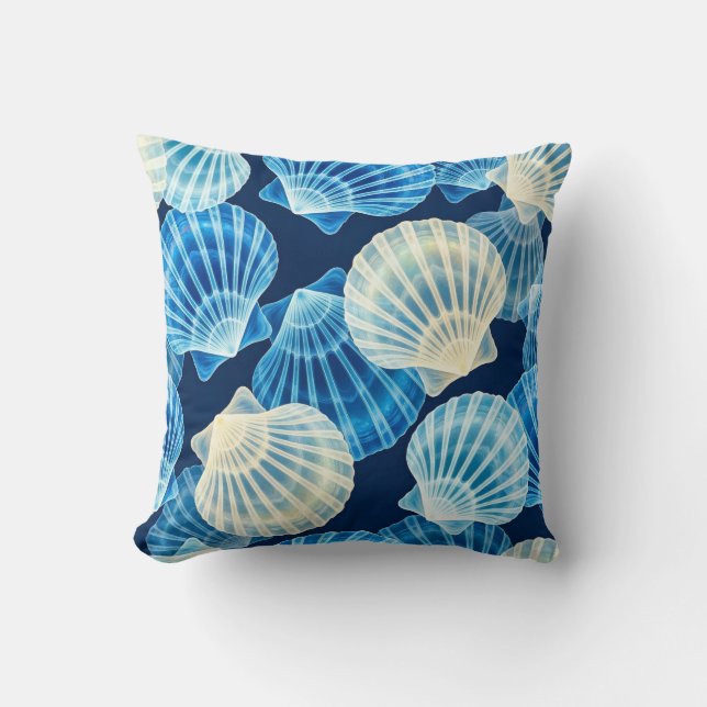 Coastal Blue and White Seashells Cushion (Front)