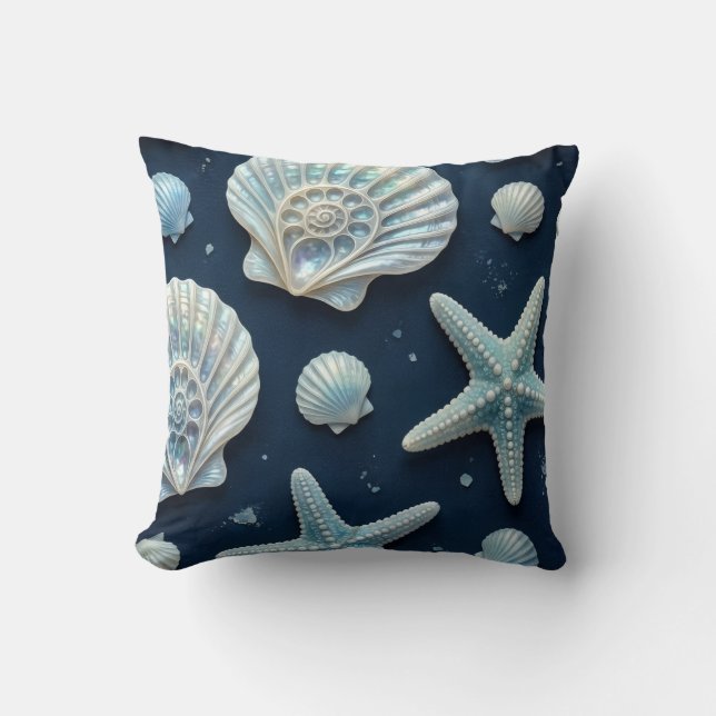 Coastal Blue and White Seashells Cushion (Front)