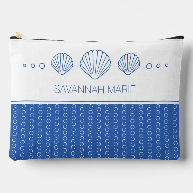 Coastal Blue and White Seashells Personalised Accessory Pouch (Front)