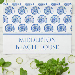 Coastal Blue and White Shells Personalised Tea Towel